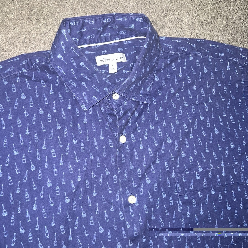 Peter Millar Shirt Mens L Blue Beer Bottle Guitar Print Short Sleeve Button
